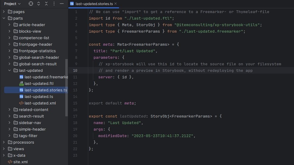 A story file for for the "last-updated" part that gets the id (file path) of a Freemarker (*.ftl) template file and passes it to the Storybook XP-application to render a preview.
