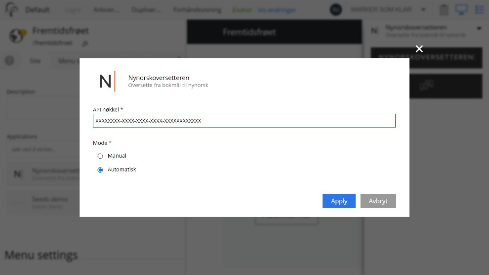 The settings window/popup of application